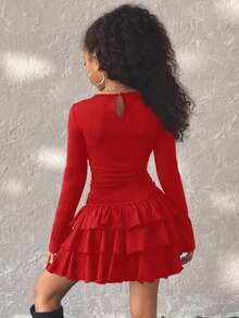 Coolane Kids Gaun Hitam Lengan Panjang Elegan Warna Polos dengan Hiasan Rumbai untuk Remaja Perempuan Musim Panas/Semi, Gaun Musim Gugur & Musim Dingin untuk Paduan Busana Merah, Pakaian Remaja Perempuan, Pakaian Y2k - Merah - View 2