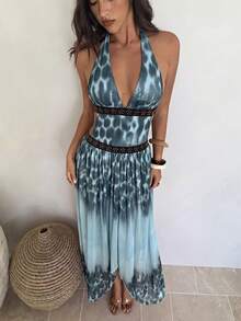 Aloruh Women's Gradient Halter Neck Casual Party Dress - Blue - View 7