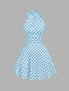 Skyraze Women's Polka Dots Backless Twist Ruched Halter Mini Dress - Blue - View 5