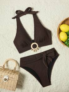 Swim Lushoire 女款純色掛脖比基尼套裝，可分開穿著，2件組深棕色性感熱帶風，適合夏季海灘派對度假 - 棕色 - 查看 2
