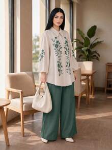 Auveirra 大尺碼女款花卉印花長袖鈕扣襯衫與長褲休閒兩件套優雅 - 綠色 - 查看 3