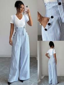 SHEIN Elenzya 女款素色短袖上衣搭配條紋口袋吊帶寬腿連身褲休閒日常套裝 - 白色 - 查看 1