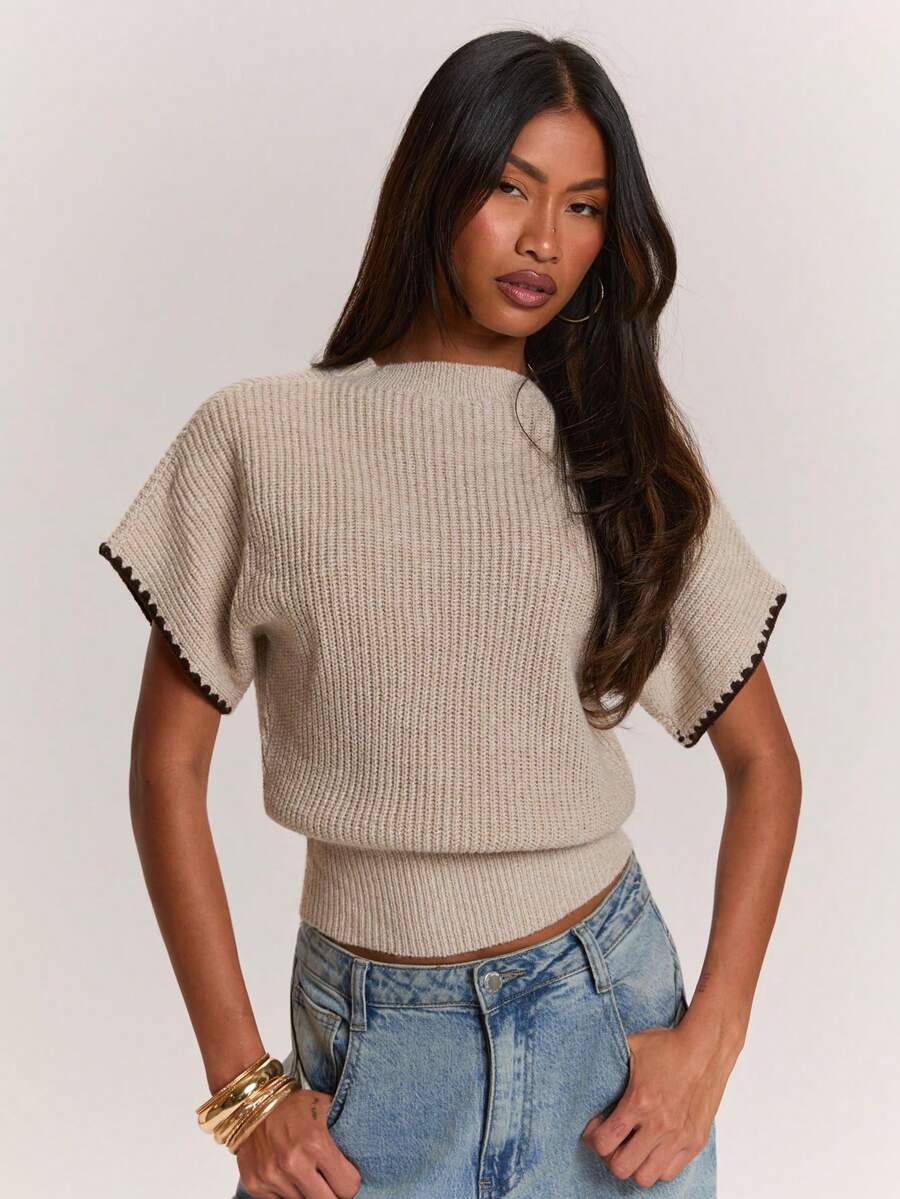 SHEIN BAE 女款短袖對比袖口收腰羅紋時尚針織毛衣 - 卡其色 - 查看 1