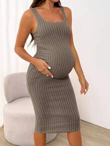 SHEIN Maternity Solid Color Ribbed Fitted Sleeveless Casual Dress - Coffee Brown - View 6