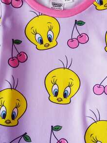 LOONEY TUNES X SHEIN Conjunto de Pijama Ajustado de Camiseta de Manga Longa e Calça com Estampa Fofa de Piu-Piu e Cereja para Menina Bebê - Roxo - Visão 5