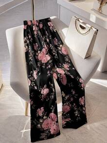 Elenzga Plus Size Women's Floral Print Straight Leg Pants, Minimalist Fall - Black - View 2