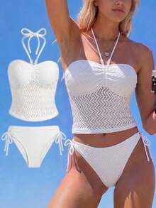 Elavelle Summer Beach Vacation Party Swimsuit For Women, Neck-Collar, Split-Body Set, Women's Textured Patterns, Flared Silhouette, Two Pieces Set White - White - View 3