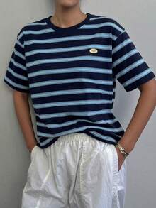 DAZY 女款休閒運動夏季上衣，拼色條紋寬鬆短袖圓領T恤，圖案印花T恤 - 藍色 - 查看 4