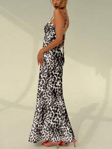 Aloruh Spring/Summer Vacation Spaghetti Strap Lace-Up Fitted Tropical Print Women's Dress Vacation White And Black - Black and White - View 8