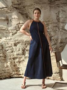 MOTF PREMIUM VESTIDO DE MEZCLILLA SIN MANGAS CON PARCHES DE COLORES CONTRASTANTES PARA MUJER TALLA GRANDE, PRIMAVERA/VERANO - Azul - Ver 3