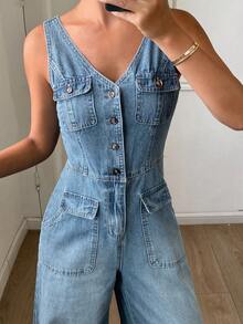 DAZY Women's V-Neck Sleeveless Jumpsuit With Pockets, Vacation Style Denim Bib Pants And Romper - Light Wash - View 4