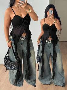 Coolane Women's Plus Size Summer Fall Going Out Vacation Casual Boho Outfit Elegant Y2K Ruffled Hem Stretchy Color Black Tank Tops Halloween - Black - View 2