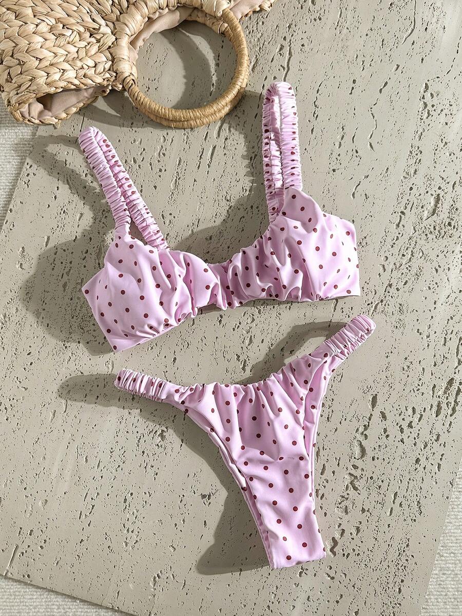 Swim Mod Women's Summer Random Print Thick Strap Ruched High Cut Sexy Bikini Set - Multicolor - View 1