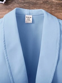 SHEIN 3件組女嬰針織純色開襟外套與針織圍兜褲套裝，附帽子 - 藍白色 - 查看 4