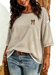 EMERY ROSE Plus Size Striped And Bow Digital Print Print Drop Shoulder T-Shirt, Suitable For Summer Wear - Multicolor - View 3