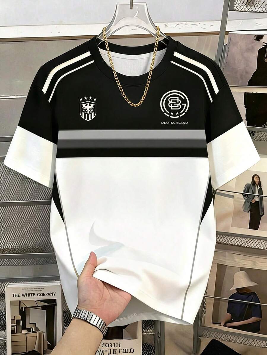 Manfinity Joysei Kaos Kasual Pria Lengan Pendek Kerah Bulat dengan Motif Huruf & Bintang - Hitam - View 1