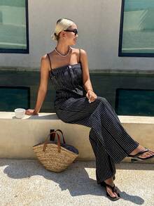 Livesso Summer Black And White Striped Pinstripe Camisole Top Straight Leg Casual Pants Set, Loose Business Casual, Commute Women's 2-Piece Outfit Vacation - Dark Wash - View 3