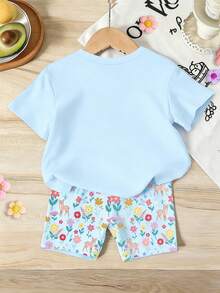 SHEIN Elladie kids 一套女童休闲甜美可爱蓝色短袖套装，梦幻公主印花T恤搭配可爱蝴蝶、小鹿、花朵图案短裤，适合夏季外出、度假、上学和节日穿着。 - 彩色 - 查看 2