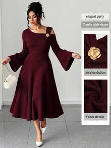 SHEIN Unity Plus Size Women's Solid Color Knitted Ribbed Asymmetric Shoulder Flare Sleeve Ruffle Trim Bodycon Maxi Elegant Party Dress - Burgundy - View 3