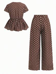 SHEIN Conjunto de 2 piezas para niñas preadolescentes con blusa de top con estampado de lunares marrones, cintura ceñida y decoración de hebilla metálica + pantalones holgados de pierna ancha, conjunto elegante y casual para ocasiones formales & casuales - Marrón - Ver 3