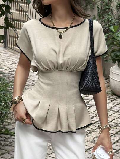Lucivie Women's Elegant And Casual Beige Round Neck Batwing Short Sleeve Black Trim Corset Waist Peplum Blouse,Summer Tops,Party Top,Beach Outfit For Women,Going Out Tops For Women,Date Night Outfit,Birthday Outfit For Women,Elegant Women's Blouses,Casual Blouses For Women,Summer Holiday Outfits,Beige Blouse,Peplum Top,Work Blouse For Women,Office Outfit,Business Casual Top,Wedding Guest Top,Graduation Outfit For Women