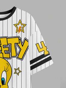 LOONEY TUNES X SHEIN 大码夏季休闲条纹字母和崔弟印花圆领短袖T恤连衣裙 - 白色 - 查看 4