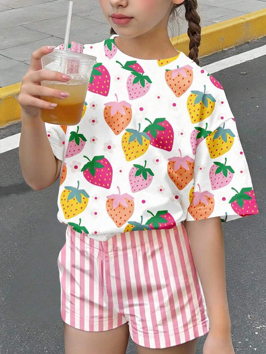 青少年女孩馬卡龍可愛多彩草莓&花卉印花休閒舒適柔軟寬鬆圓領短袖T恤&厚條紋短褲2件組,適合春/夏日常、度假、假期、野餐、農場、返校、春季氛圍 - 彩色 - 查看 1