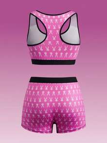 LOONEY TUNES X SHEIN Cartoon Print Sports Pink Racerback Bra And Shorts 2 Pieces Set - Black - View 6