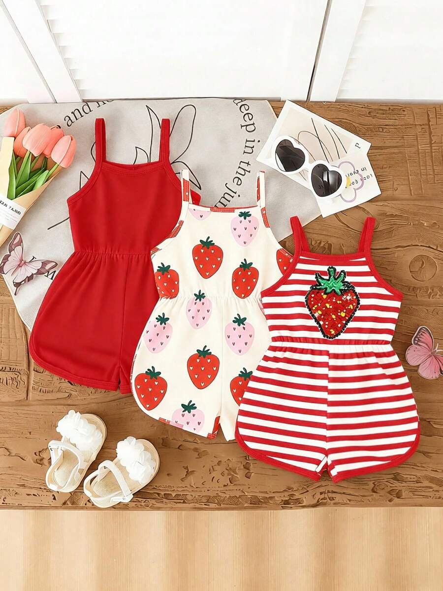 SHEIN Playful Pals 3pcs/Set Baby Girl Summer New Soft Fabric Strawberry Print Spaghetti Strap Round Neck Casual Romper Shorts, Cute Casual Daily Wear - Multicolor - View 1