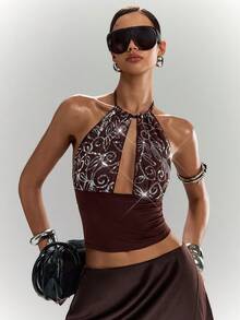 LYSMO Damen Neckholder-Top mit Pailletten, Blumenmuster und Cut-out-Design - Kaffeebraun - Übersicht 1