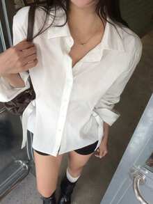 DAZY 女款素色單排扣腰部扣環設計長袖襯衫 - 白色 - 查看 7