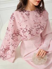 Veilorie Vestido de fiesta árabe elegante para mujer con diseño de chal, patrón floral de lentejuelas y cintura ceñida - Rosa - Ver 10