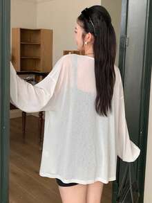 Dazy Plus Solid Color Loose Long Sleeve White Cover Up Open Front Plus Size Women Spring Summer Autumn Thin Jacket - White - View 4