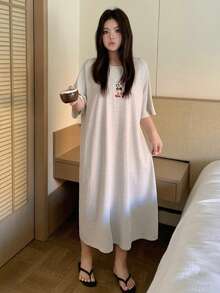 Dazy Plus Cartoon Pattern Loose Long T-Shirt Style Nightgown, Suitable For All Seasons Summer - Grey - View 4