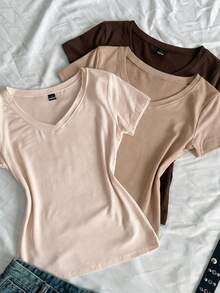 SHEIN EZwear 3件組女款夏季V領修身T恤，龐克次文化動漫純色基本款V領短袖修身T恤 - 彩色 - 查看 4