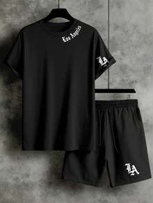 NEOREFINED Men's Casual Loose Short Sleeve T-Shirt And Drawstring Pocket Shorts 2 Pieces Set - Black - View 2