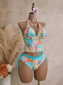 Swim Mod 夏季海灘女款兩件式黑白波點印花百褶荷葉邊上衣搭配雙側抽繩比基尼泳褲泳衣套裝 - 彩色 - 查看 4