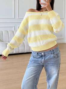 SHEIN Áo len dệt kim kẻ sọc thường ngày cho thiếu nữ, đơn giản và thời trang, phù hợp mặc hàng ngày, mùa thu, mùa đông - Màu vàng - Xem 5