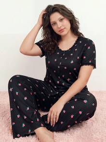 Elorette CottageSlumber Romantic Floral Lace Trim Soft & Breathable Printed Loungewear Set, Plus Size - Multicolor - View 1