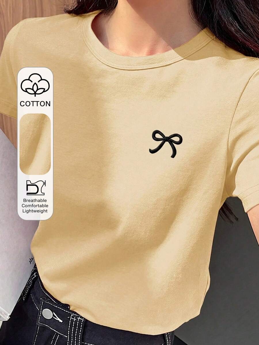 DAZY 爱心刺绣休闲街头风黄色露脐上衣,圆领短袖T恤,女款,适合春夏、音乐节和度假穿着。 - 黃色 - 查看 1