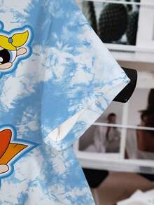 THE POWERPUFF GIRLS X SHEIN T-shirt d'été décontracté grande taille avec imprimé tie-dye et dessin animé - Blanc - Voir 5