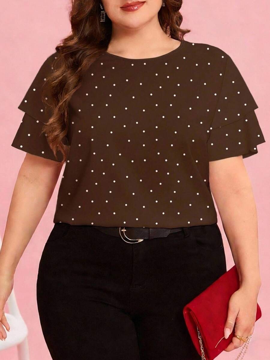 Reflora Plus Size Women's Solid Color Polka Dot Print Round Neck Double Layer Ruffle Sleeve Short Sleeve Blouse - Brown - View 1