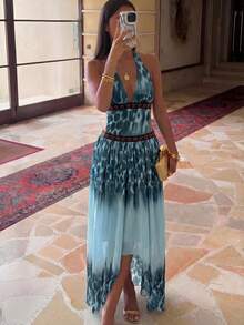 Aloruh Women's Gradient Halter Neck Casual Party Dress - Blue - View 5