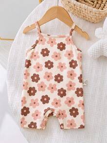 SHEIN LMoss Kids 女嬰休閒無袖連身褲，花卉與深棕色調，可愛復古風條紋花卉印花，完美設計 - 彩色 - 查看 5