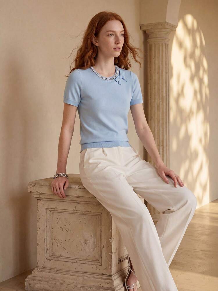 WOMEN'S SHORT SLEEVE KNIT TOP WITH RHINESTONE BOWKNOT DECOR