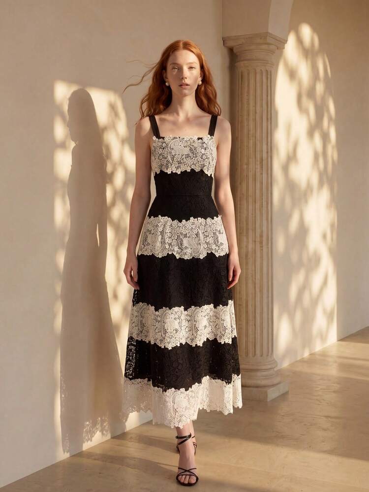 WOMEN'S FASHIONABLE CONTRAST LACE COLORBLOCK CAMI LONG DRESS