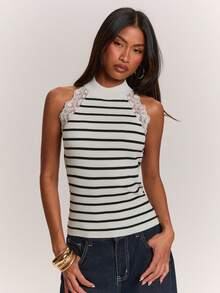 SHEIN BAE 法式優雅經典條紋對比蕾絲無袖女款毛衣 - 黑與白 - 查看 1