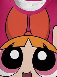 THE POWERPUFF GIRLS X SHEIN 少女花朵图案圆领短袖T恤和彩色印花短裤套装 - 白色 - 查看 7