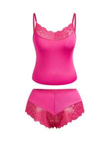 AltBold 2pcs Lace & Milk Silk Spliced Lingerie Set - Hot Pink - View 1