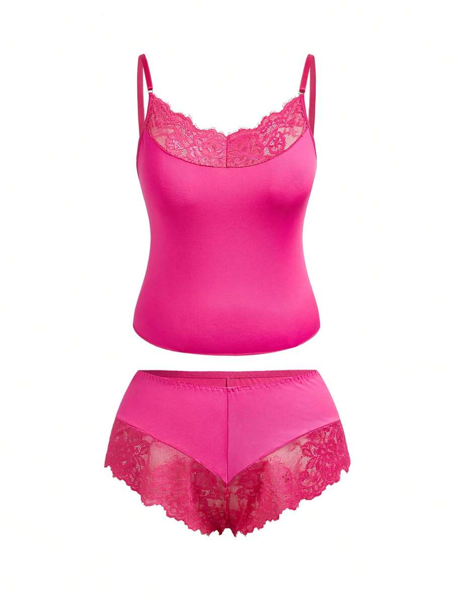 AltBold 2pcs Lace & Milk Silk Spliced Lingerie Set - Hot Pink - View 1